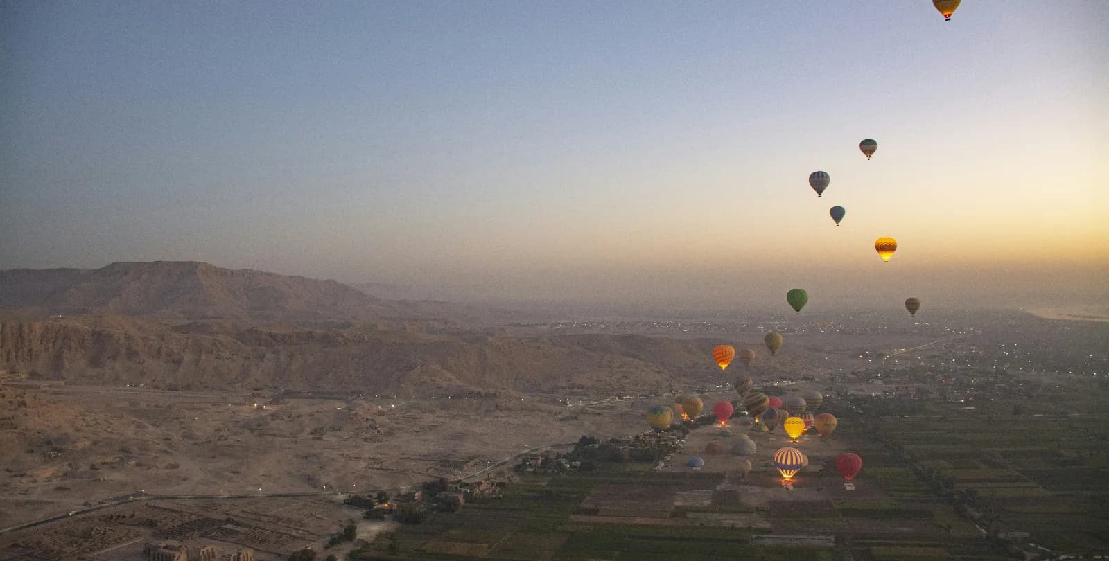 Hot air balloon over Luxor and West Bank temples